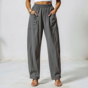 Knit & Lounge Women’s Wide Leg Utility Pants High Rise Elastic Waist Front Patch Pockets Relaxed Fit Lightweight Woven Bottoms - 1 of 4
