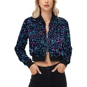 Anna-Kaci Women's Sequin Zip-Up Bomber Jacket with Ribbed Trim and Long Sleeves - 1 of 4