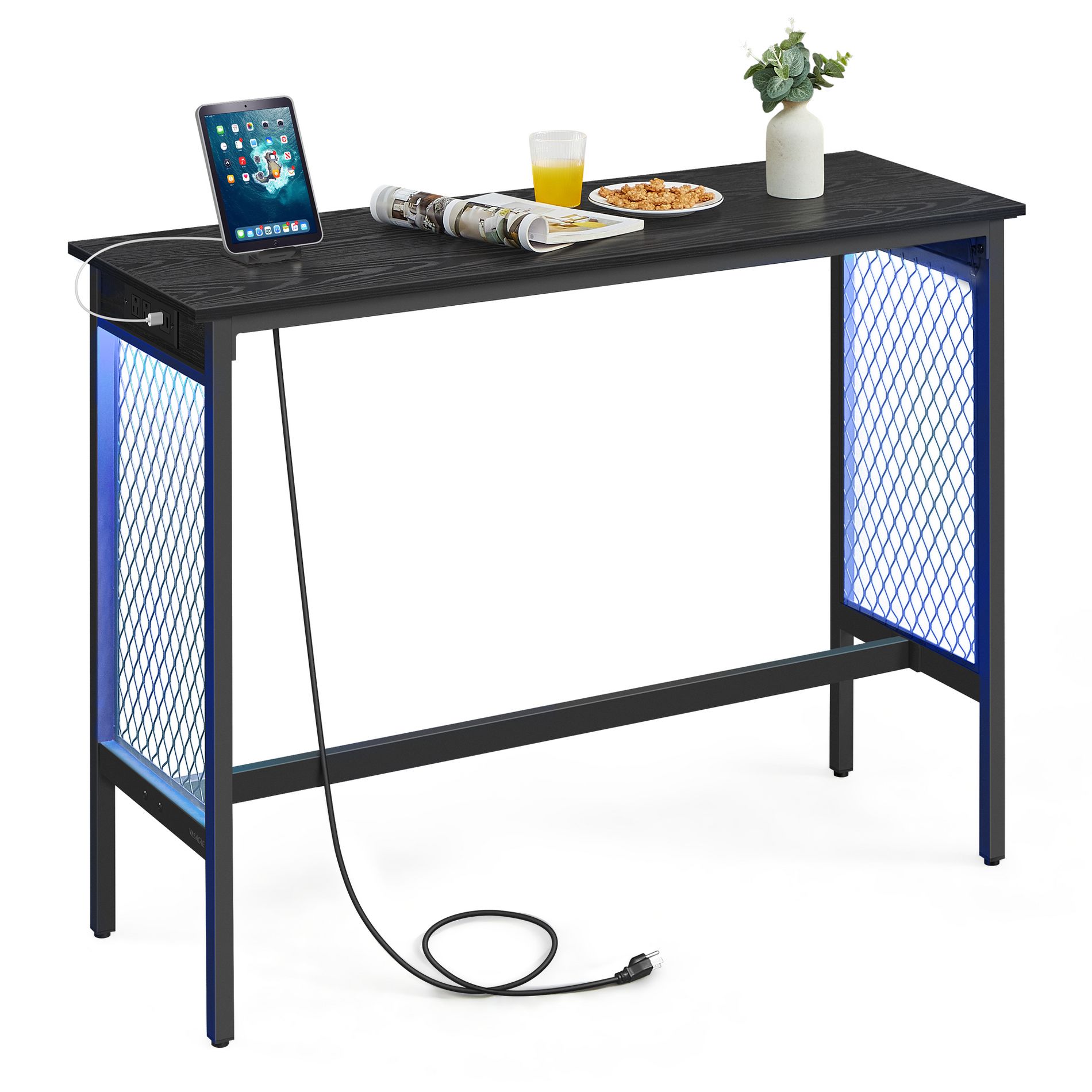 VASAGLE Bar Table, 47.2" Narrow Long Bar Table, Cocktail Tall Table with LED Lights, Built-in Power Outlets, Mesh Panels,  Black and Matte Black