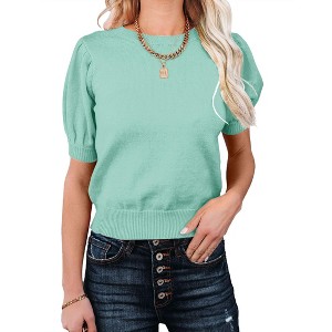 Coolmee Women's Puff Short Sleeve Sweater Tops Fashion Business Casual Knit Crew Neck T Shirts Outfits Work Blouses Clothes - 1 of 3