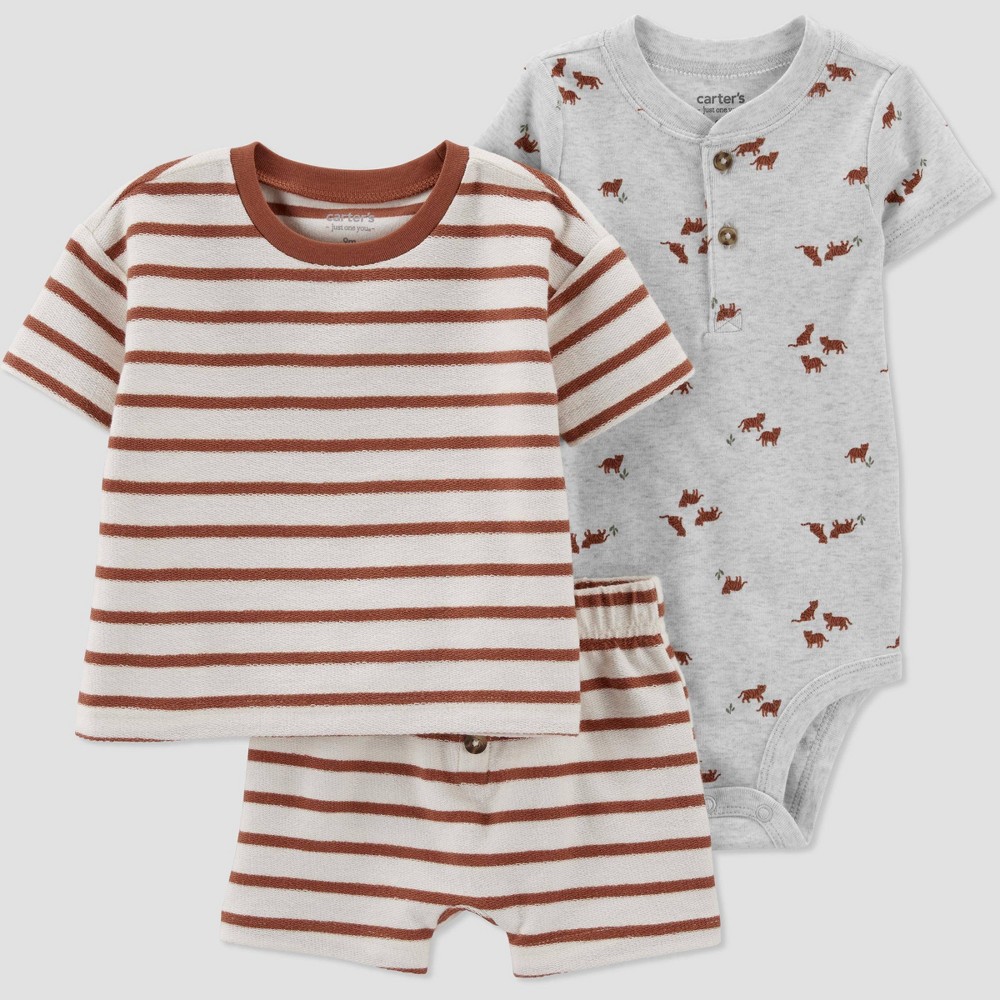 size 24Months Carter's Just One You Baby Boys' 3pc Clay Striped Safari Top and Bottom Set - Dark Red 24M