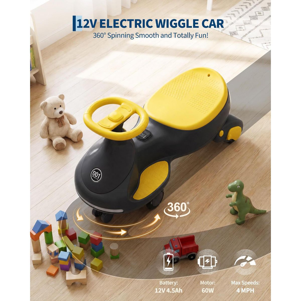 Garvee 12V Electric Wiggle Car for Kids, 2 in 1 Swing Car with Pedal, Anti-Rollover Max 3.5Mph,Max Load 66Lbs,Flashing Wheels, Music, for Toddlers - thumbnail 7