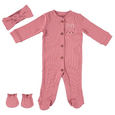 Baby Gear Baby Girl Clothes Matching Hat and Mittens Pajama Set for Sleep and Play 3 Pack Ribbed Size Mauve 0-3M