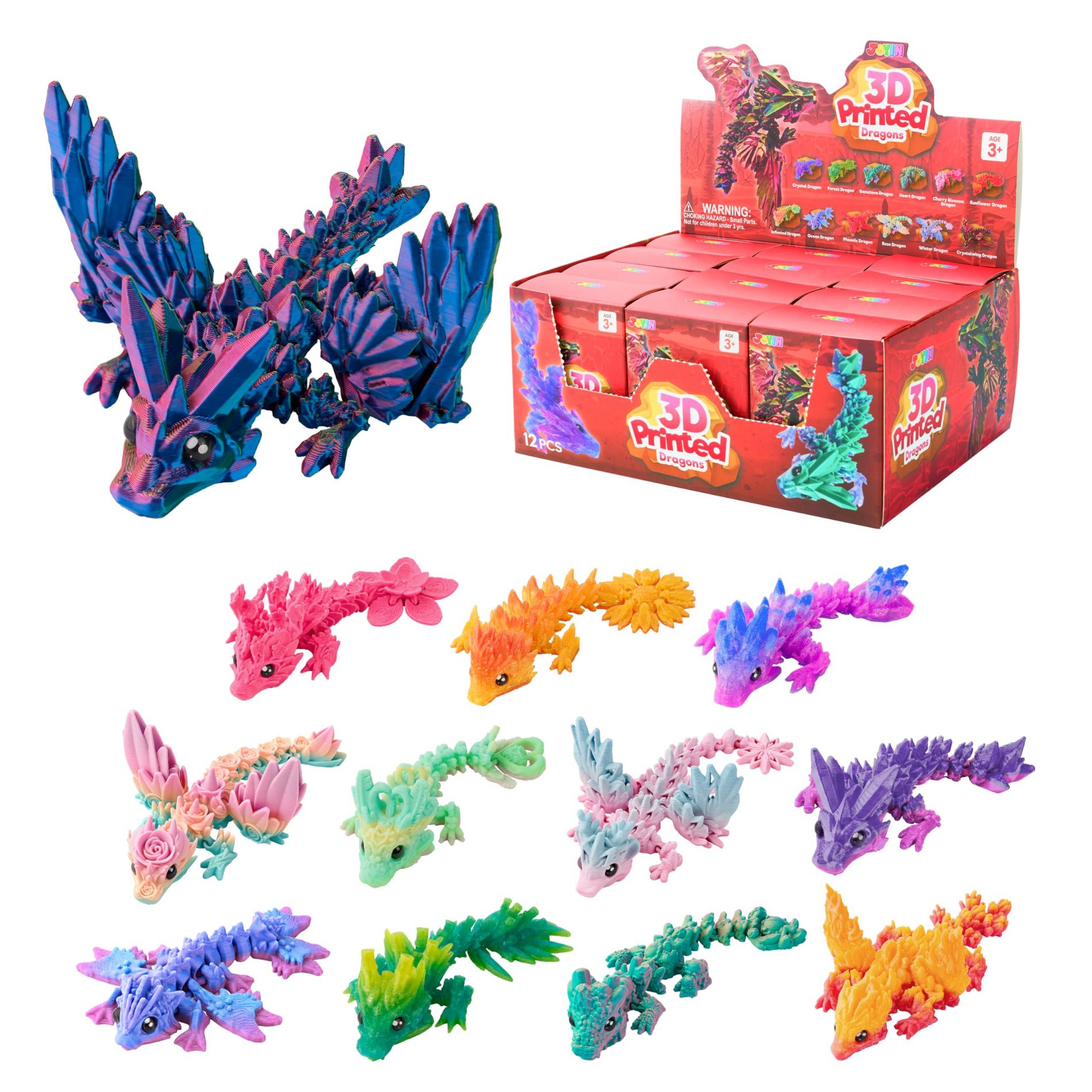 Joyfy 12 Pcs 3D Printed Dragon Blind Box Mini Articulated Fidget Toys Mystery Party Favors for Kids 8-12 Sensory Bulk Toys for Goodie Bags Gifts
