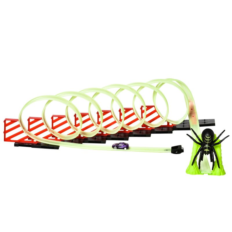 Qaba Track Builder Loop Kit Criss-Cross Glowing Race Track Toy Set Spooky Spider Fun Starter Kit, with Pull-back Car for 3-6 years old, Lime Green, 4 of 7