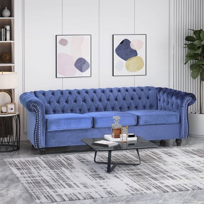 Elegant Brown Velvet Chesterfield Sofa with Nailhead Accents