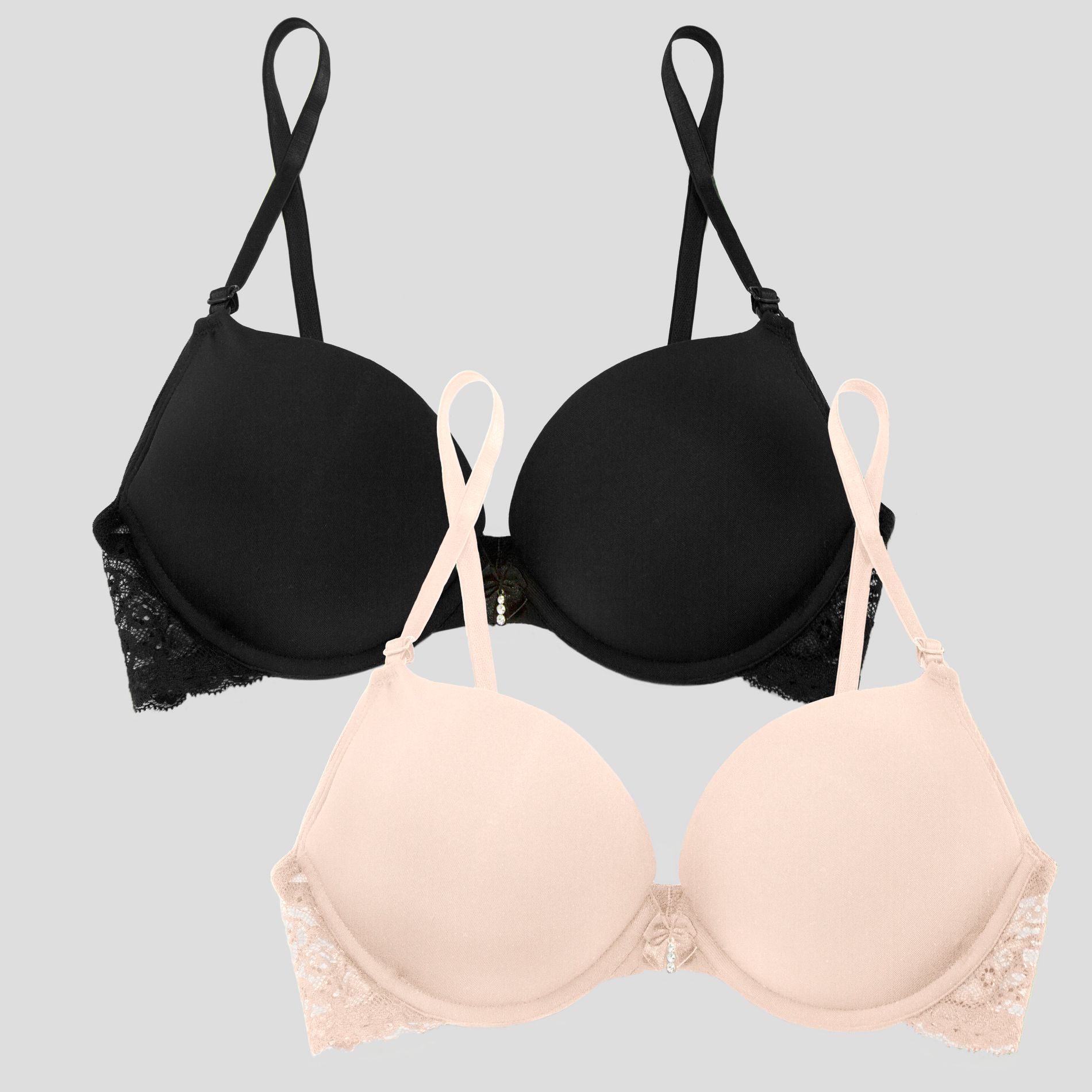 Smart & Sexy Womnes Add 2 Cup Sizes Push-Up Bra 2 Pack In The Buff/Black Hue with Lace Wings 42C