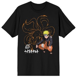 Naruto Shippuden Nine Tails Line Art Crew Neck Short Sleeve Men's Black T-shirt - 1 of 3