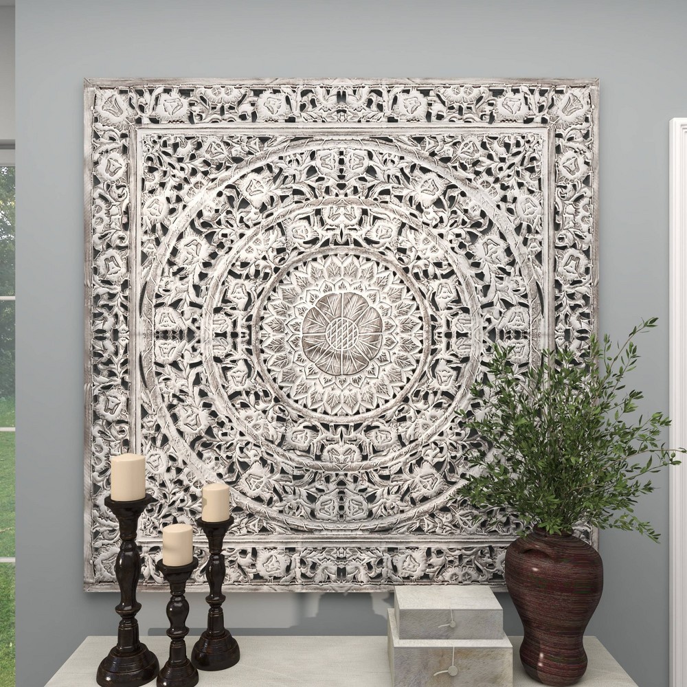 Photos - Wallpaper Wooden Floral Handmade Intricately Carved Mandala Wall Decor White - Olivi