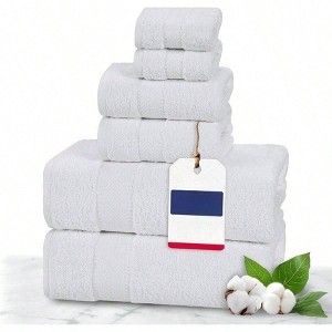 100 Cotton 6 Pcs Bath Towel Set, Soft Absorbent White Towels for Bathroom Bath 27x54 Hand 16x28 Washcloths 13x13 - 1 of 4