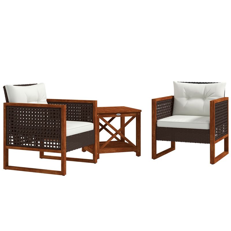 Outsunny 3 Pieces Patio Bistro Set Wooden with Cushions, PE Wicker Patio Furniture Outdoor for Porch, Backyard, Garden, Brown, 4 of 7