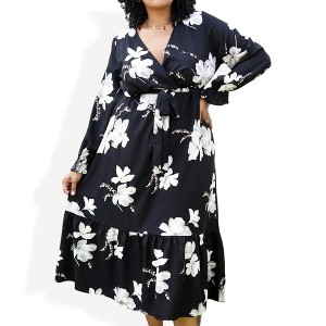 Anna-Kaci Women's Floral Print Wrap Midi Dress with Long Sleeves Ruffle Hem and Self Tie Waist - Black,1X - 1 of 4
