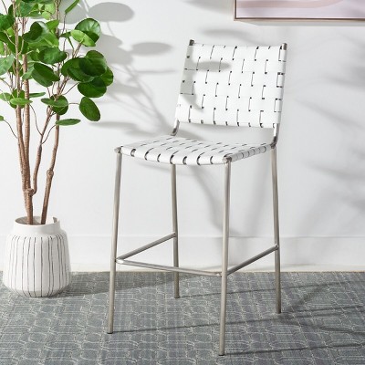 Saddle Style Woven White Leather Counter Stool with Silver Metal Base