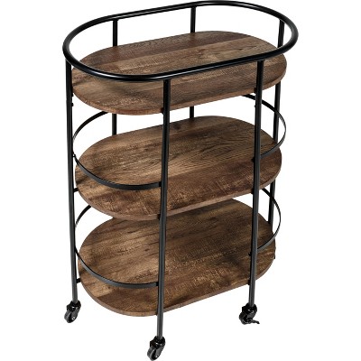 Rustic Brown and Black 3-Tier Oval Bar Cart with Storage