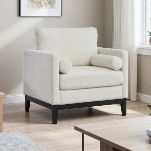 35.4" Boucle Wide Farmhouse Armchair with Wood Legs and Bolster Pillows - 1 of 3