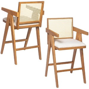 QingMoon Wood Rattan Bar Stools, Woven Cane Counter Height Chairs Set of 2 with Tapering Armrests for Kitchen Island, Living Room, Pub - 1 of 4