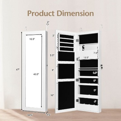 Yukimo Lockable Wall Door Mounted Mirror Jewelry Cabinet with LED Lights, Premium MDF Board Storage Armoire with Auto-On Lighting