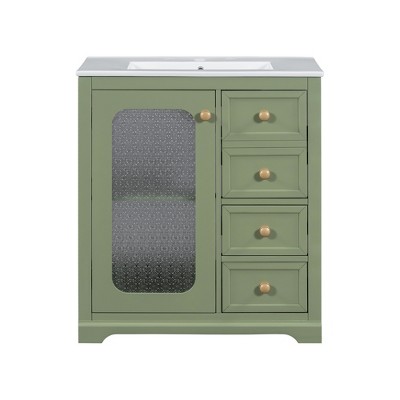 Vynxaria 30-inch bathroom vanity with a soft close glass door, adjustable shelves, and three drawers,Green