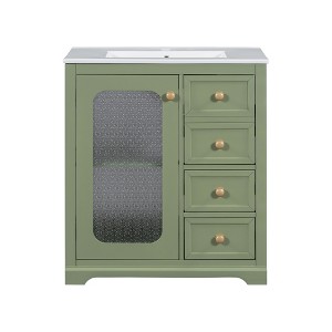 Vynxaria 30-inch bathroom vanity with a soft close glass door, adjustable shelves, and three drawers,Green - 1 of 4