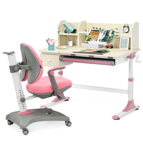 Costway Adjustable Height Kids Study Desk Drafting Table Computer Station  Pink