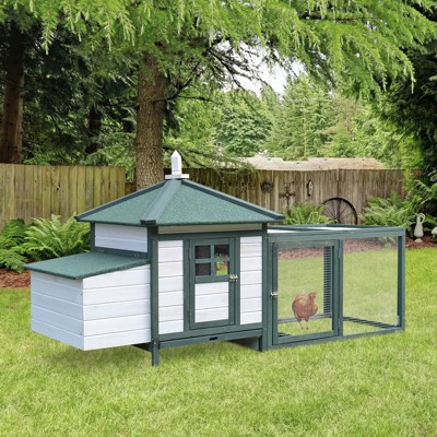 Green and White Wooden Chicken Coop with Nesting Box and Run