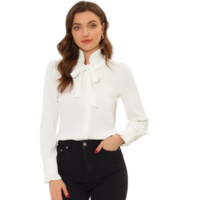 Allegra K Women's Button Down Long Sleeve Bow Tie Neck Ruffle