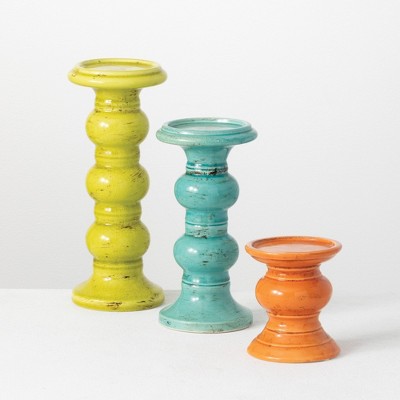 Sullivans Set of 3 Pillar Candle Holder 5"H, 10"H & 12"H Blue, Green & Orange