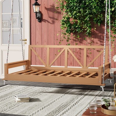 Modern Twin Size Porch Swing Bed with Frame and 16.4ft Ropes, Acacia Wood Hanging Daybed for Patio, Garden or Backyard-Maison Boucle