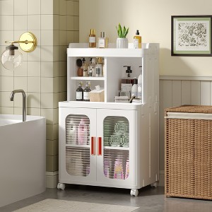 VECELO Storage Cabinet, Bathroom Storage Cabinet with Wheels & Doors, Narrow Organizer with Open Shelves for Small Space or Kitchen, White - 1 of 4