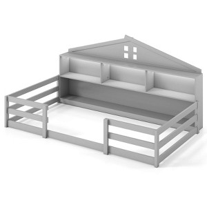 Costway Twin/Full Size Montessori Floor Bed with LED Lights Safety Guardrails Compartments Shelf White/Gray - 1 of 1