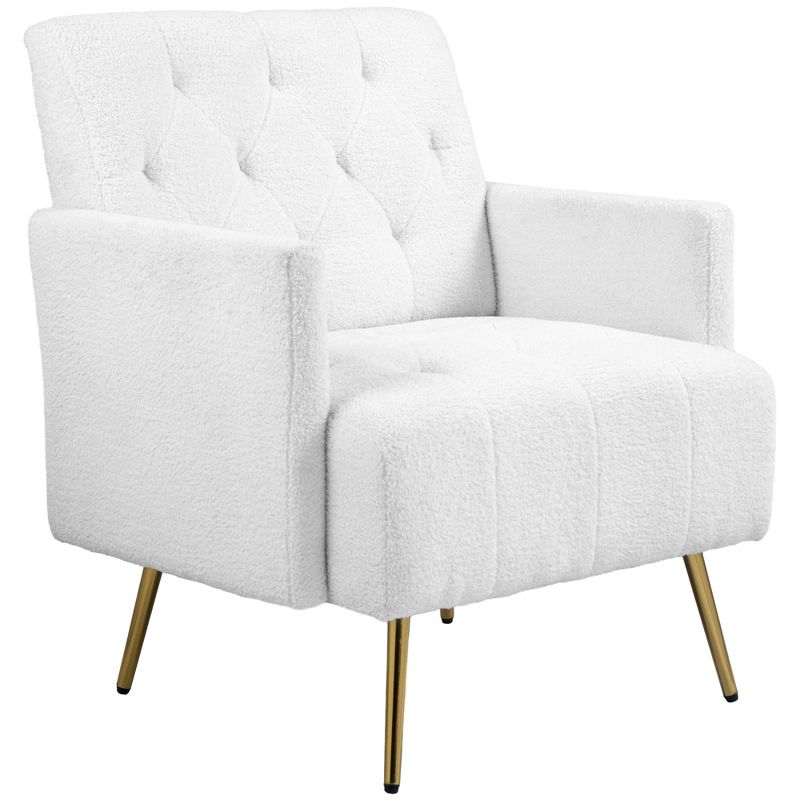 HOMCOM Berber Fleece Accent Chair, Upholstered Tufted Armchair with Gold Steel Legs, Fabric Reading Chair for Living Room and Bedroom, White, 4 of 7