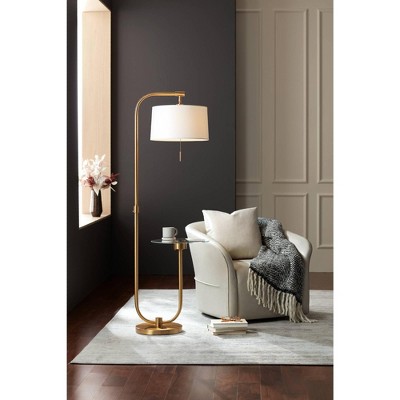 Brass Arc Floor Lamps with White Linen Shades and Glass Tray Tables