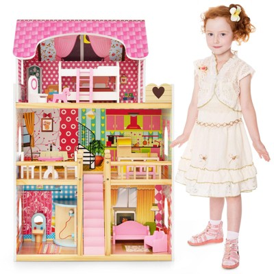 Costzon Dollhouse, Toy Family House with 15 Furniture Pieces & Accessories, Cottage Playhouse Set for Toddlers, Nursery, Gift for Girls & Boys 3+