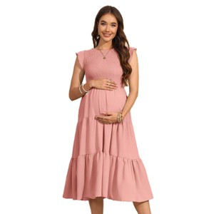 Summer Maternity Dress Ruffle Tiered Dress Smocked Shirred Midi Dress with Mini Cap Sleeve Round Neck Flowy Dress for Baby Shower Photography - 1 of 4