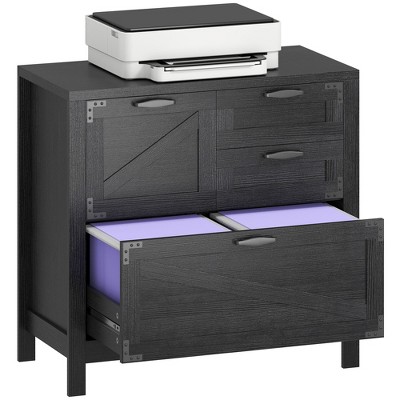 HOMCOM 4 Drawer File Cabinet, Farmhouse Lateral Filing Cabinet with Adjustable Hanging Rails for Letter/A4/Legal Size Files, Printer Stand, Black