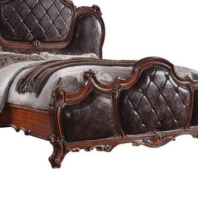 Cherry Oak Queen Bed with Tufted Upholstered Headboard