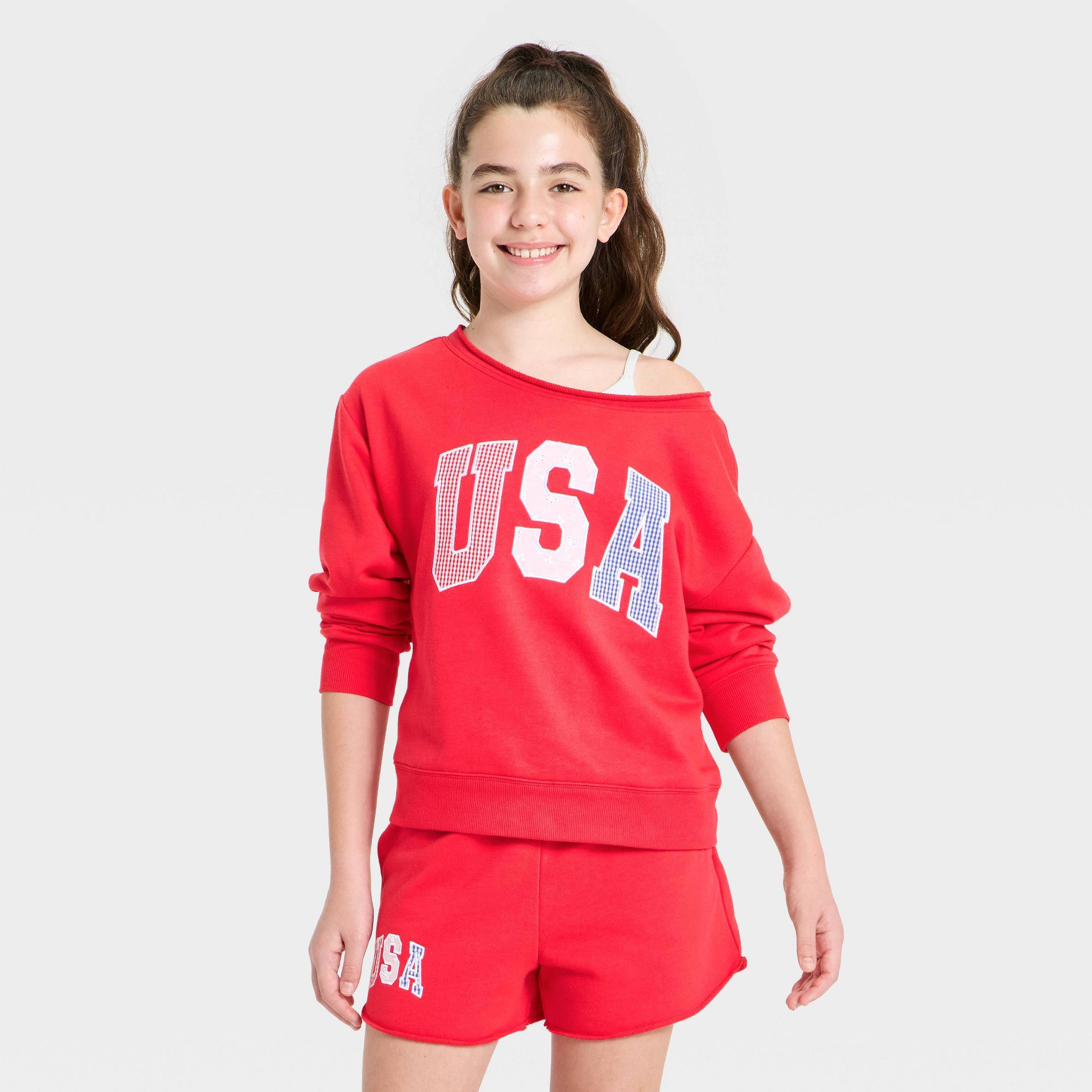 Girls' Off the Shoulder French Terry 4th of July "USA" Graphic Sweatshirt - art class™