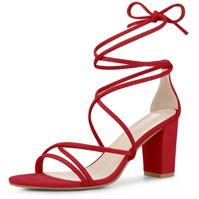 Red strappy 2024 lace up heels