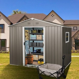 LOVMOR 8ft x 6ft Outdoor Metal Storage Shed with Window Grey - 1 of 4