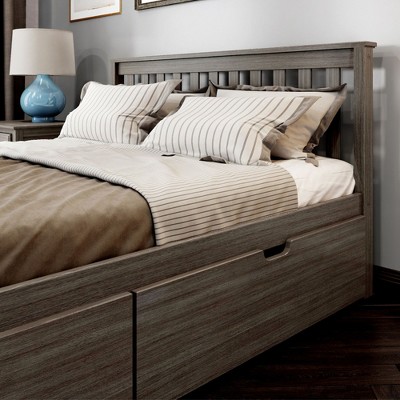 Gray Pine Queen Bed Frame with Headboard and Storage Drawers