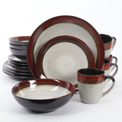 Gibson 90603.16RM 16 Piece Reactive Glaze Durable Dinnerware Plates, Bowls, and Mugs, Microwave and Dishwasher Ready, Red and Cream