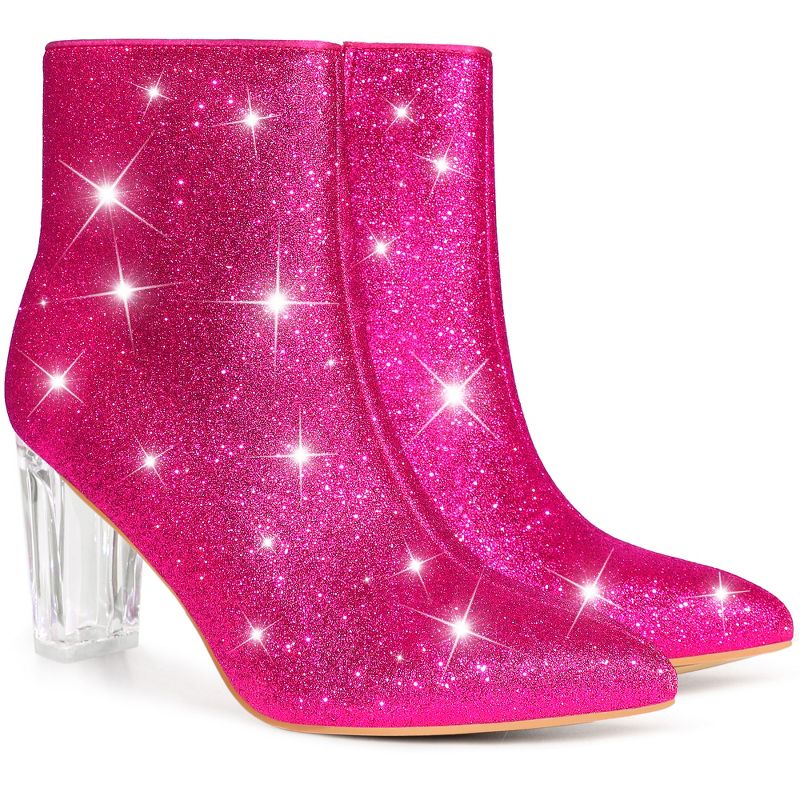 Perphy Women's Sparkly Glitter Upper Side Zipper Clear Block Heels Ankle Booties, 3 of 7
