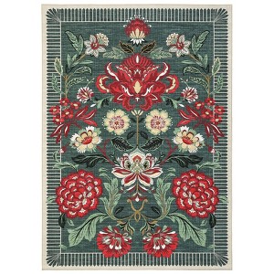 5'x7' Washable Botanical Floral Print Living Room Rugs Retro Accent Vintage Throw Carpet for Bedroom Dining Room, Grey/Green - 1 of 4