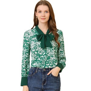 Allegra K Women's Boho Floral Printed Shirts V Neck Pussybow Blouse Top - 1 of 4