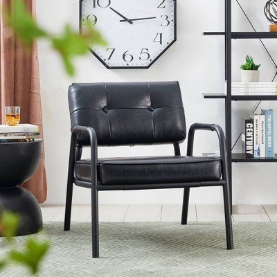 Mid-Century Modern Leatherette Arm Accent Chair Frosted Black Metal Frame - Glitzhome