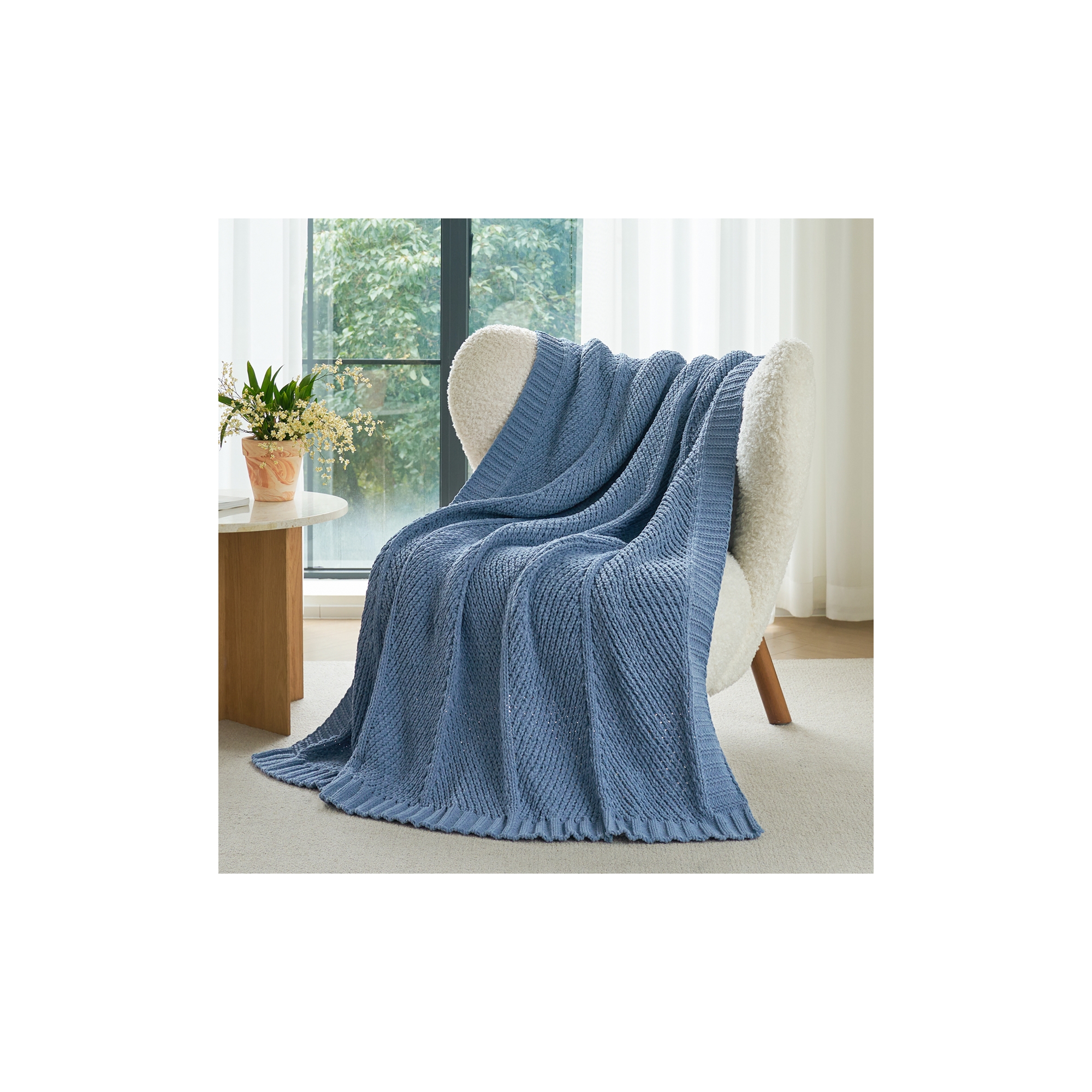 Chenille Chunky Knit Chevron Throw Blanket, 50"x 60", Washing Blue-Amelie Home