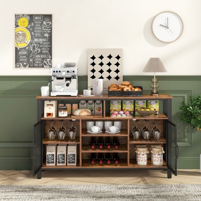 Rustic Brown 55-Inch Buffet Sideboard with Wine Racks and Glass Holders