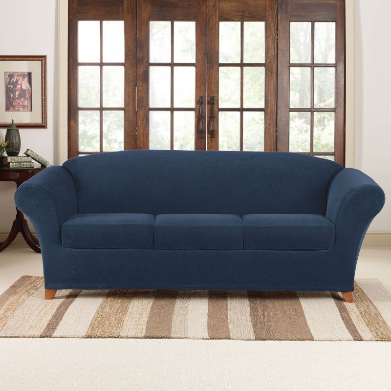 3pc Stretch Pique Sofa Slipcovers Navy - Sure Fit, 1 of 5