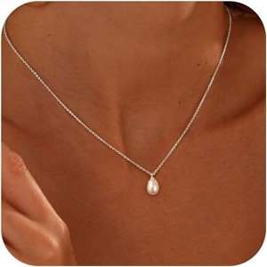 Gold Plated Pearl Lariat Necklace for Women, Dainty Beaded Drop Choker Vintage Style Silver-silver single necklace - 1 of 4