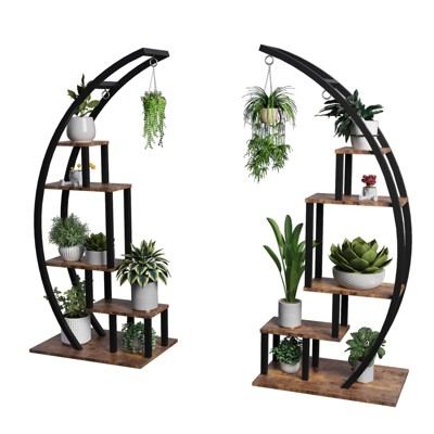 GustoWave 5 Tier Tall Metal Indoor Plant Stand, Half Moon Shape Garden Plant Holder, Round Flower Shelf Rack with 4 Hanging Hooks, Brown(2 PCS)